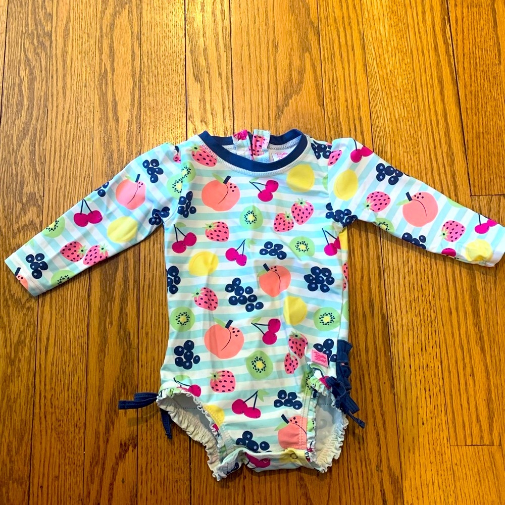 Ruffle Butts Kids Swim One Piece - Blue and Pink